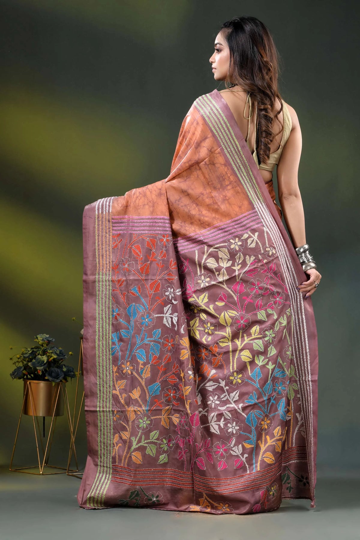 Rust brown multicolor floral design hand batik silk kantha stitch saree 5