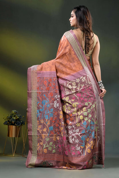 Rust brown multicolor floral design hand batik silk kantha stitch saree 5