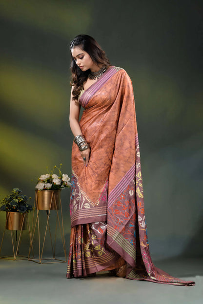 Rust brown multicolor floral design hand batik silk kantha stitch saree 4