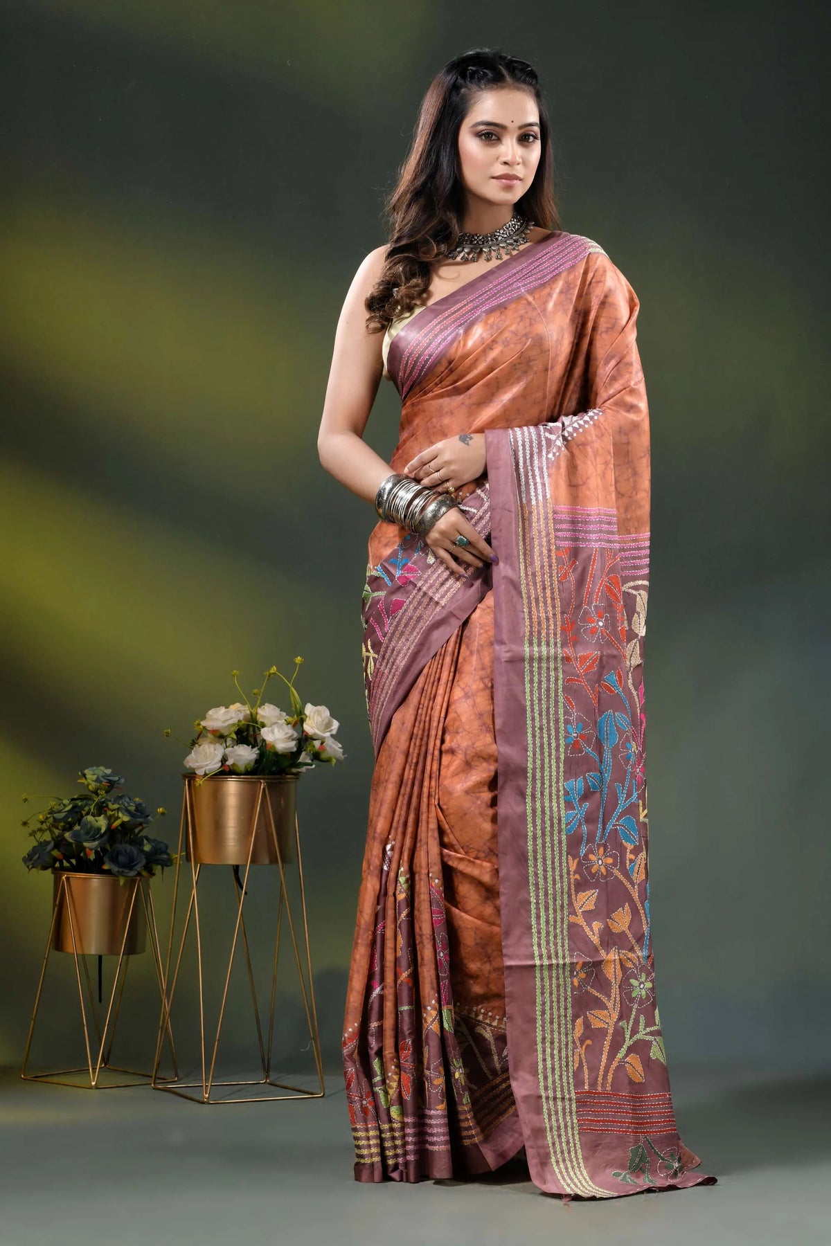 Rust brown multicolor floral design hand batik silk kantha stitch saree 1