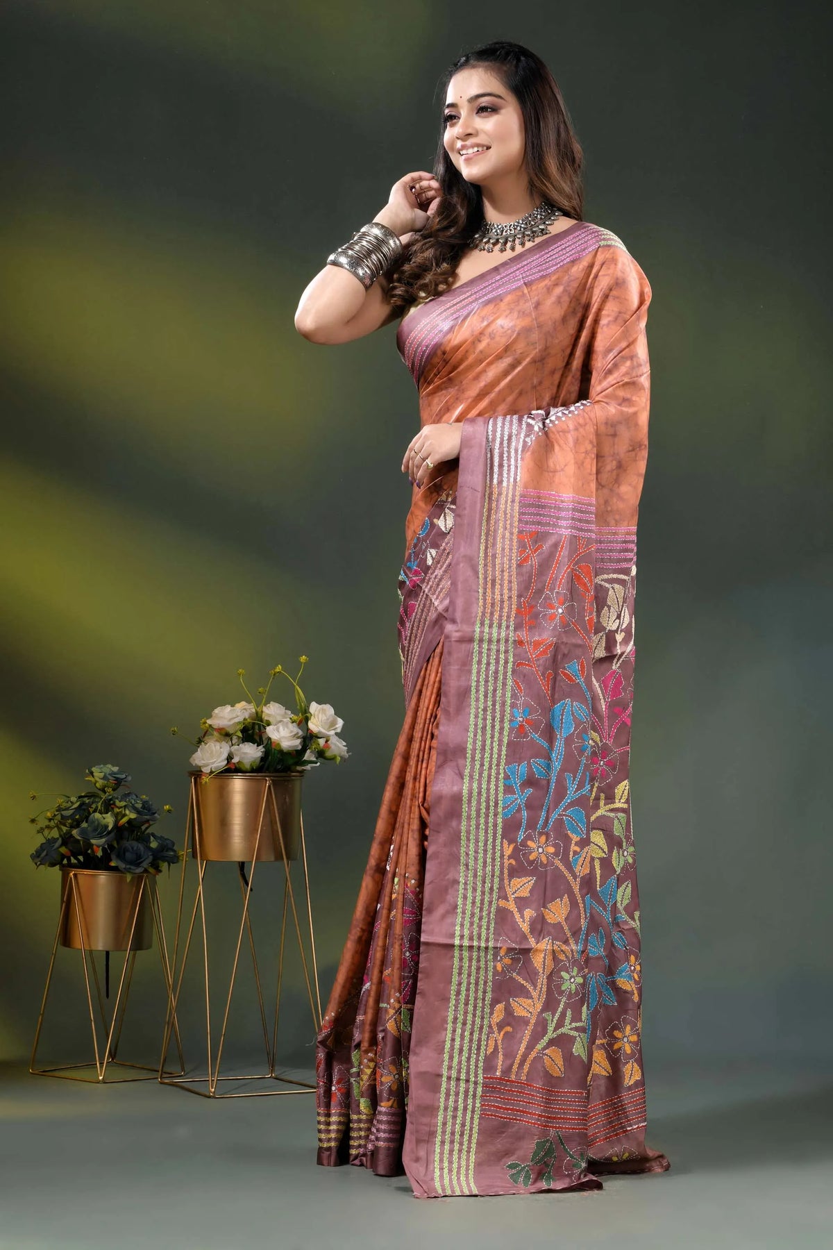 Rust brown multicolor floral design hand batik silk kantha stitch saree 3