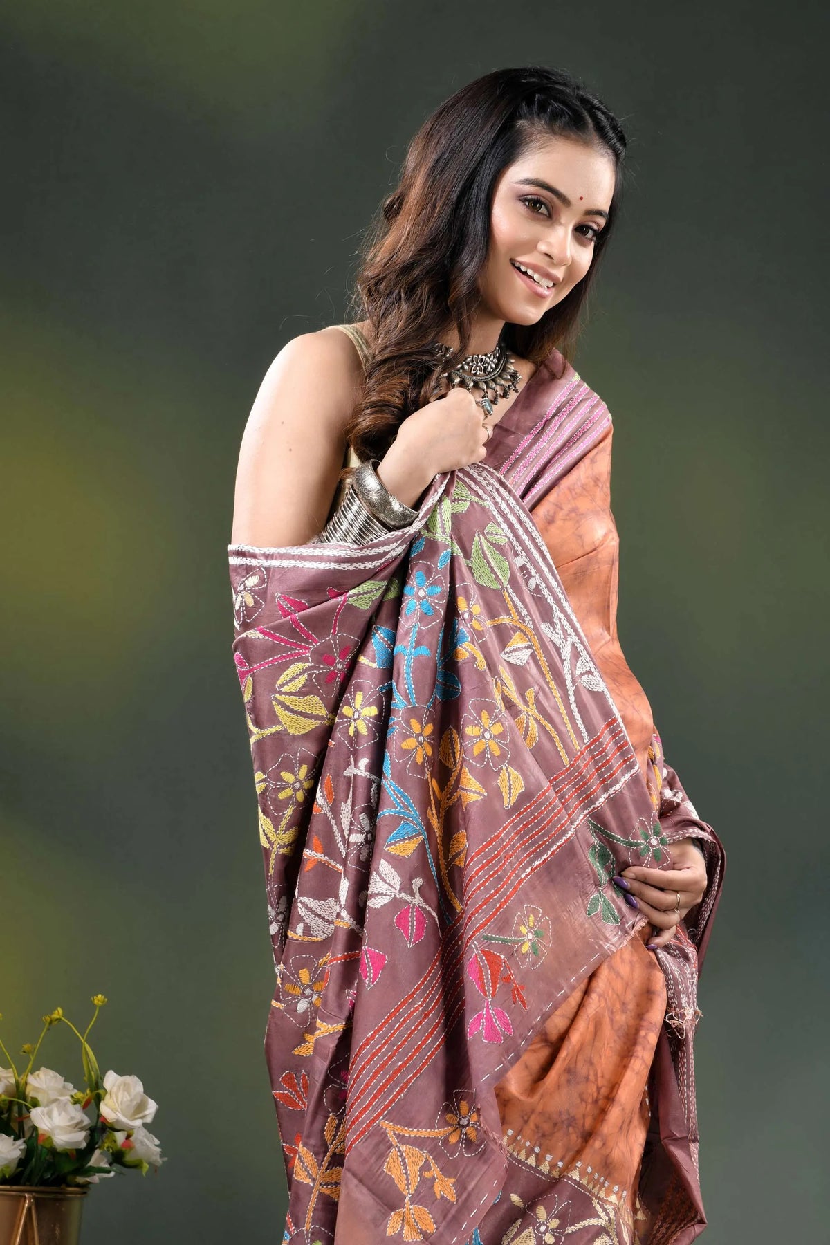 Rust brown multicolor floral design hand batik silk kantha stitch saree 2