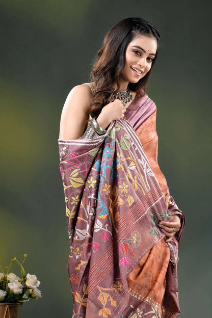 Rust brown multicolor floral design hand batik silk kantha stitch saree 2