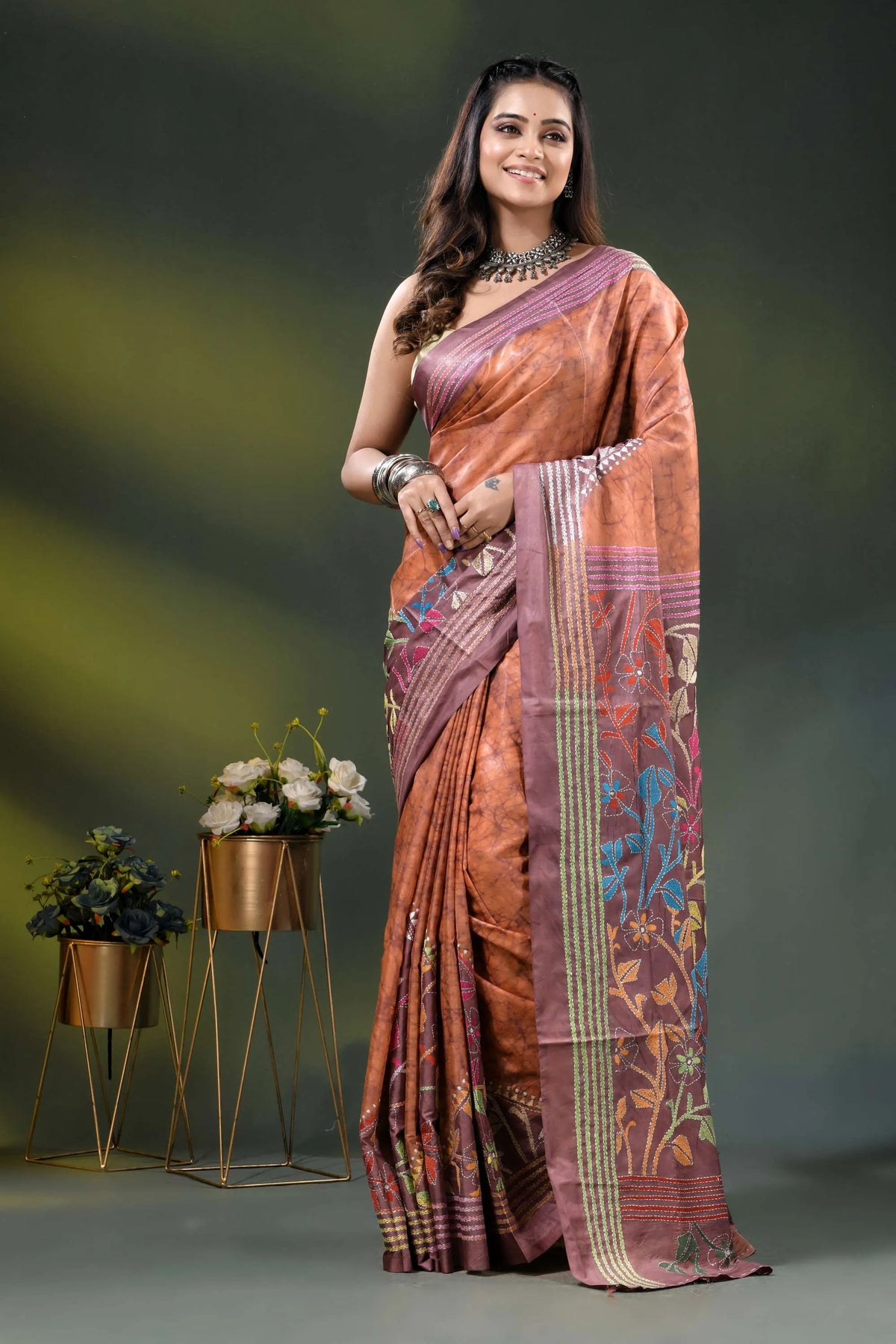 Rust brown multicolor floral design hand batik silk kantha stitch saree 6