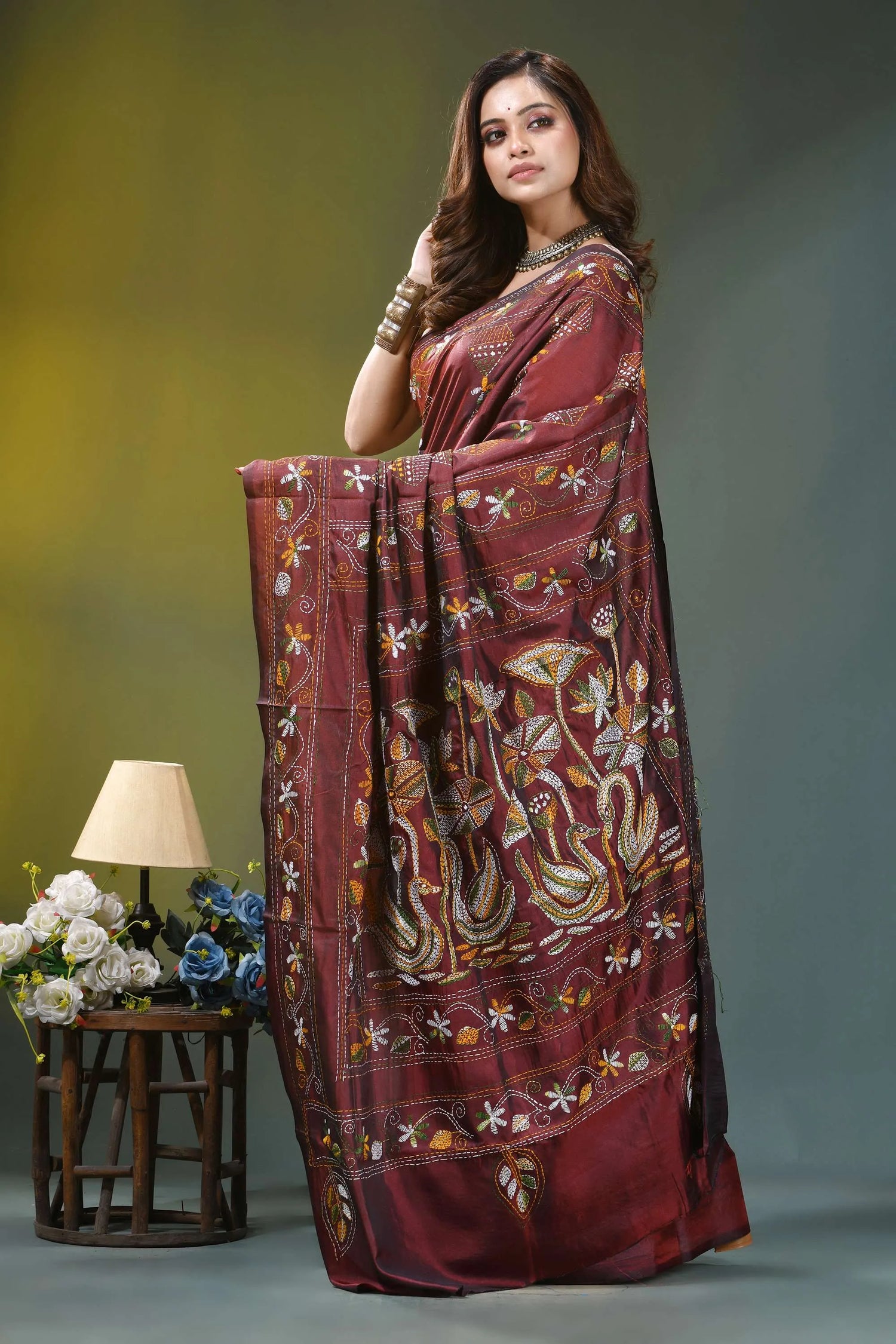 Rust maroon nature theme silk kantha work saree rich maroon silk saree adorned 3