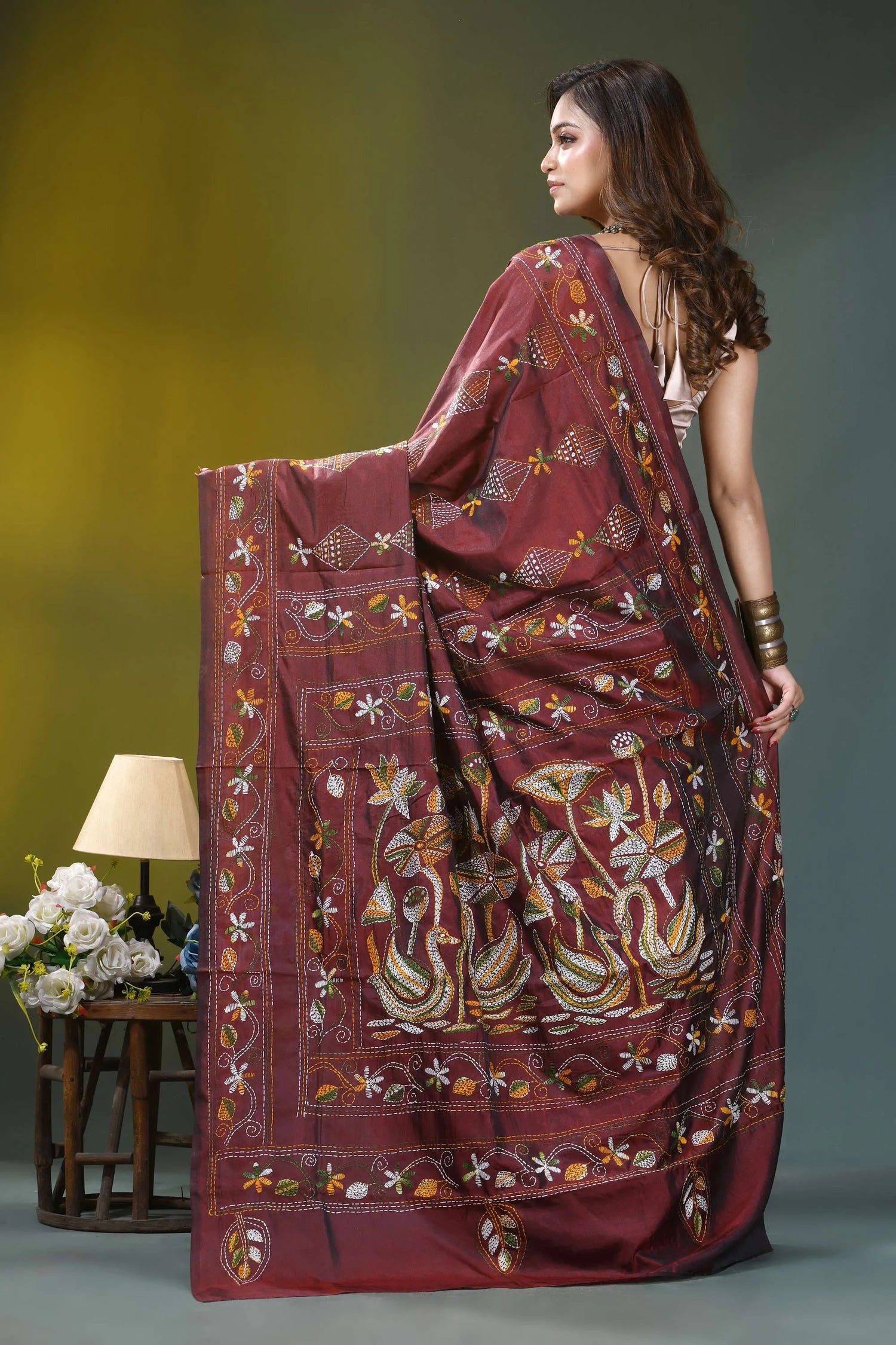 Rust maroon nature theme silk kantha work saree maroon silk saree adorned intricate 5