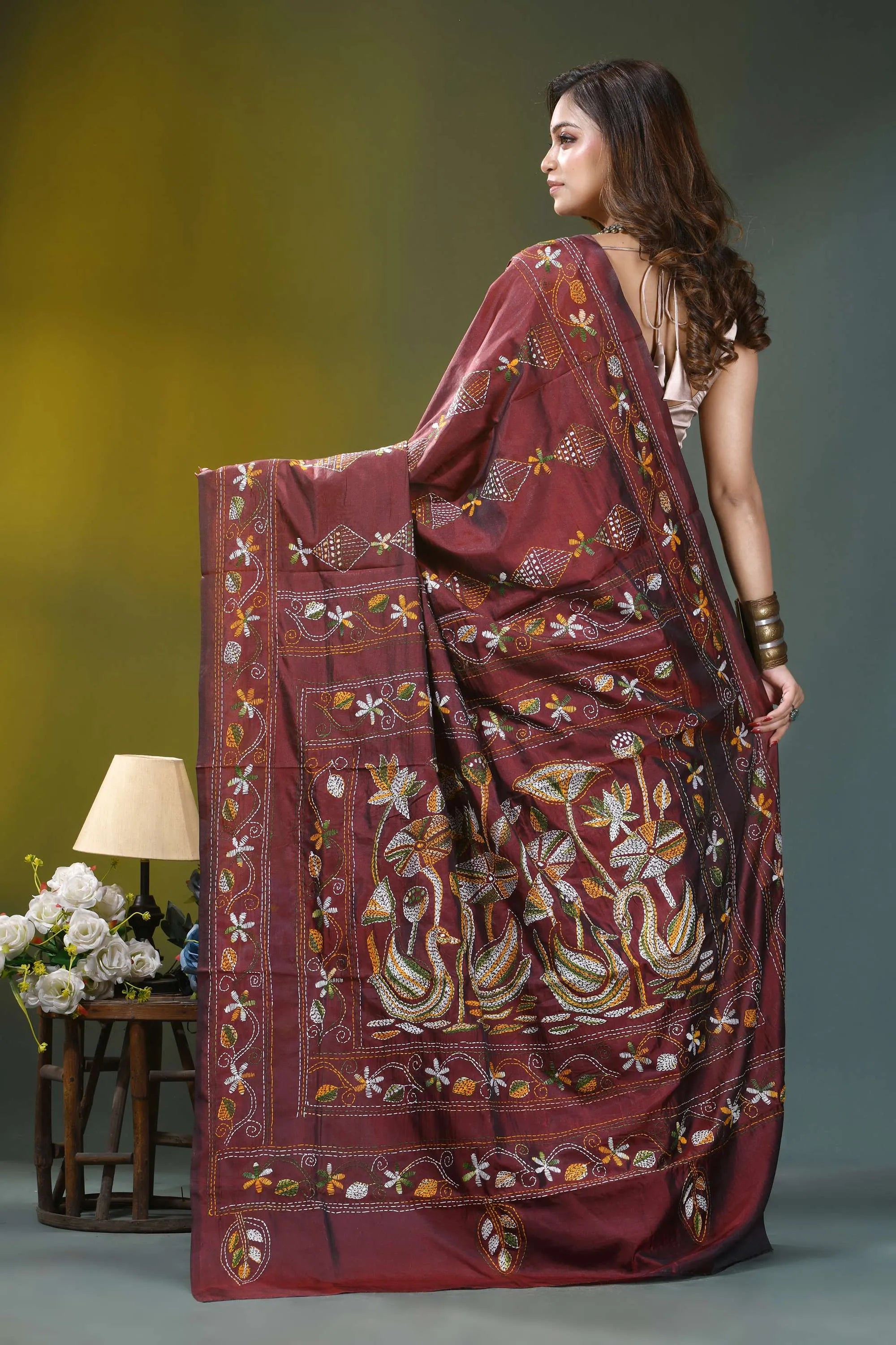 Rust maroon nature theme silk kantha work saree maroon silk saree adorned intricate 5