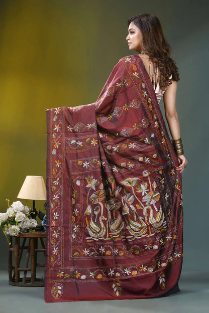 Rust maroon nature theme silk kantha work saree maroon silk saree adorned intricate 5