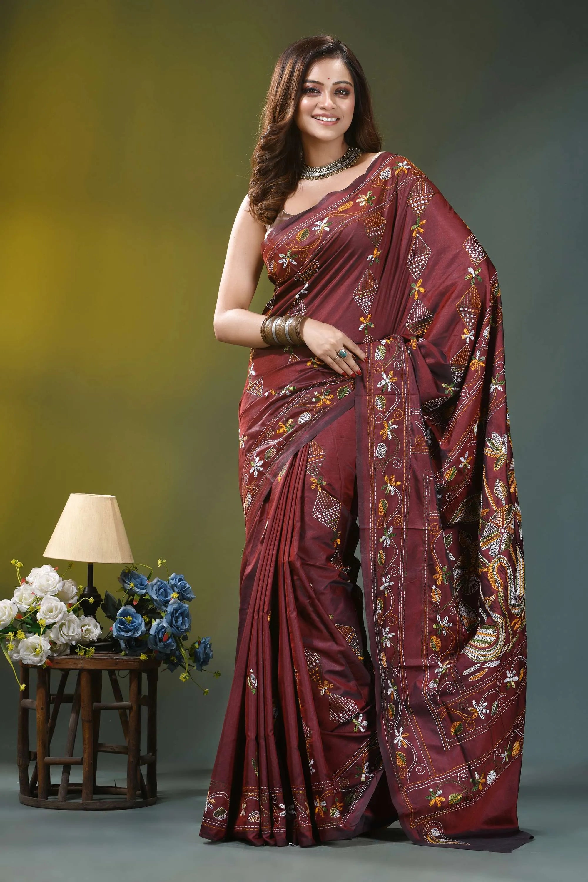 Rust maroon nature theme silk kantha work saree rich maroon silk saree adorned 1
