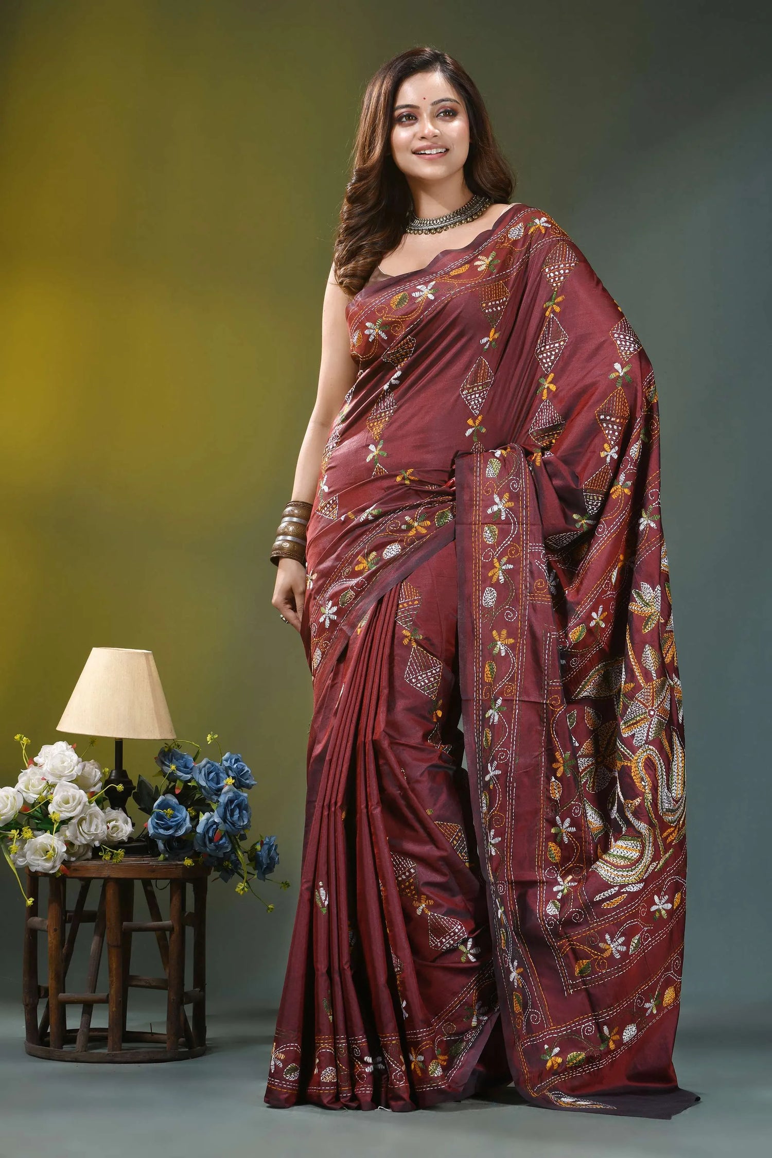 Rust maroon nature theme silk kantha work saree maroon silk saree adorned intricate 6