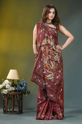 Rust maroon nature theme silk kantha work saree maroon silk saree intricate gold 4