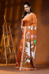 Rust orange multi-thread swan motif hand embroidered silk kantha saree 3