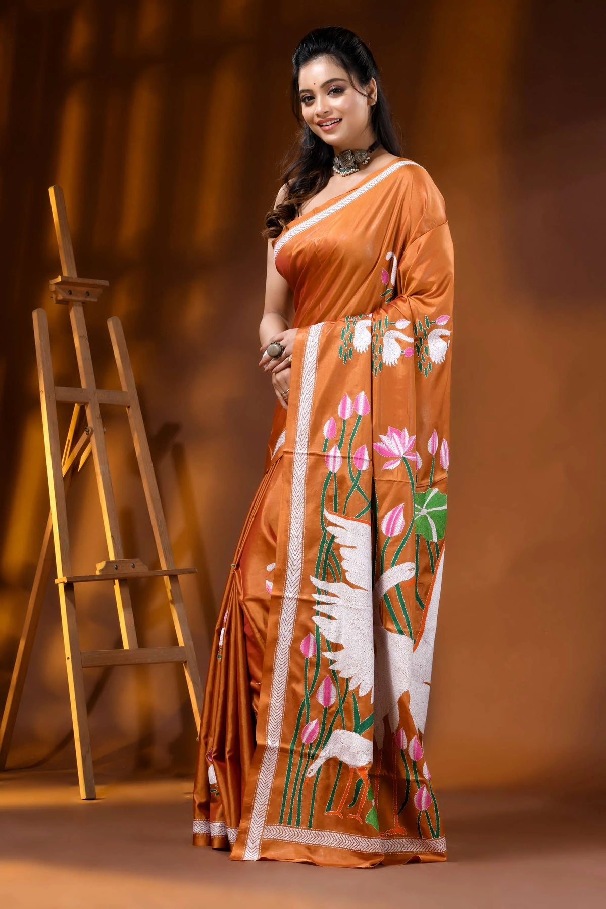Rust orange multi-thread swan motif hand embroidered silk kantha saree 3