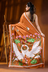 Rust orange multi-thread swan motif hand embroidered silk kantha saree 5