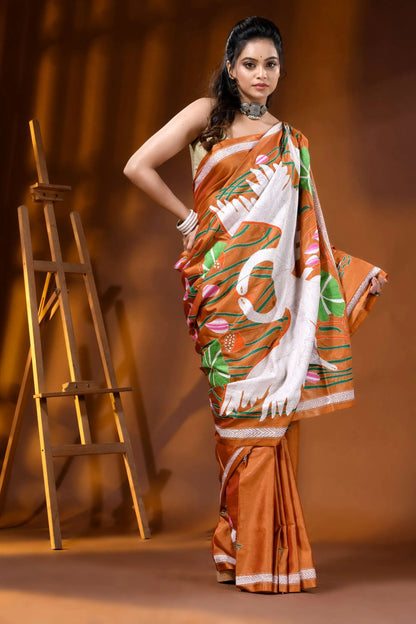 Rust orange multi-thread swan motif hand embroidered silk kantha saree 4