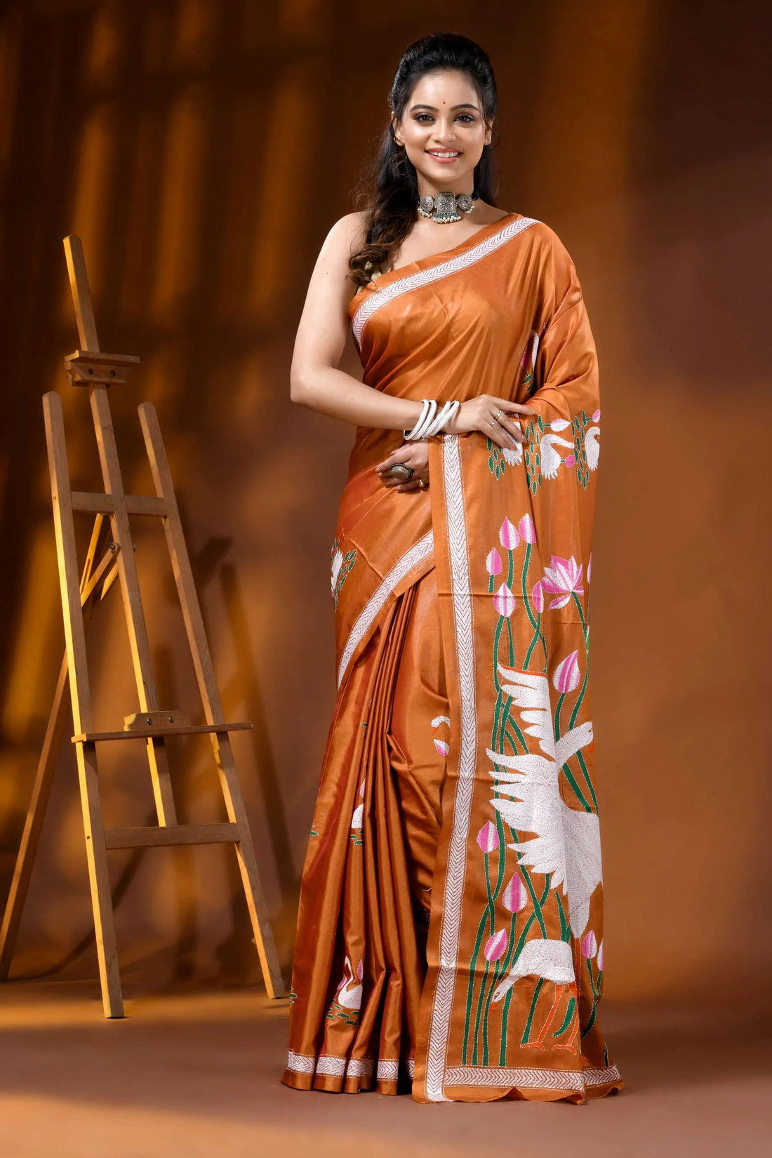 Rust orange multi-thread swan motif hand embroidered silk kantha saree 1