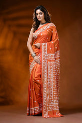 Rust orange silk kutch work saree with hand embroidered ethnic design 6