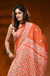 Rust orange silk kutch work saree with hand embroidered ethnic design 2