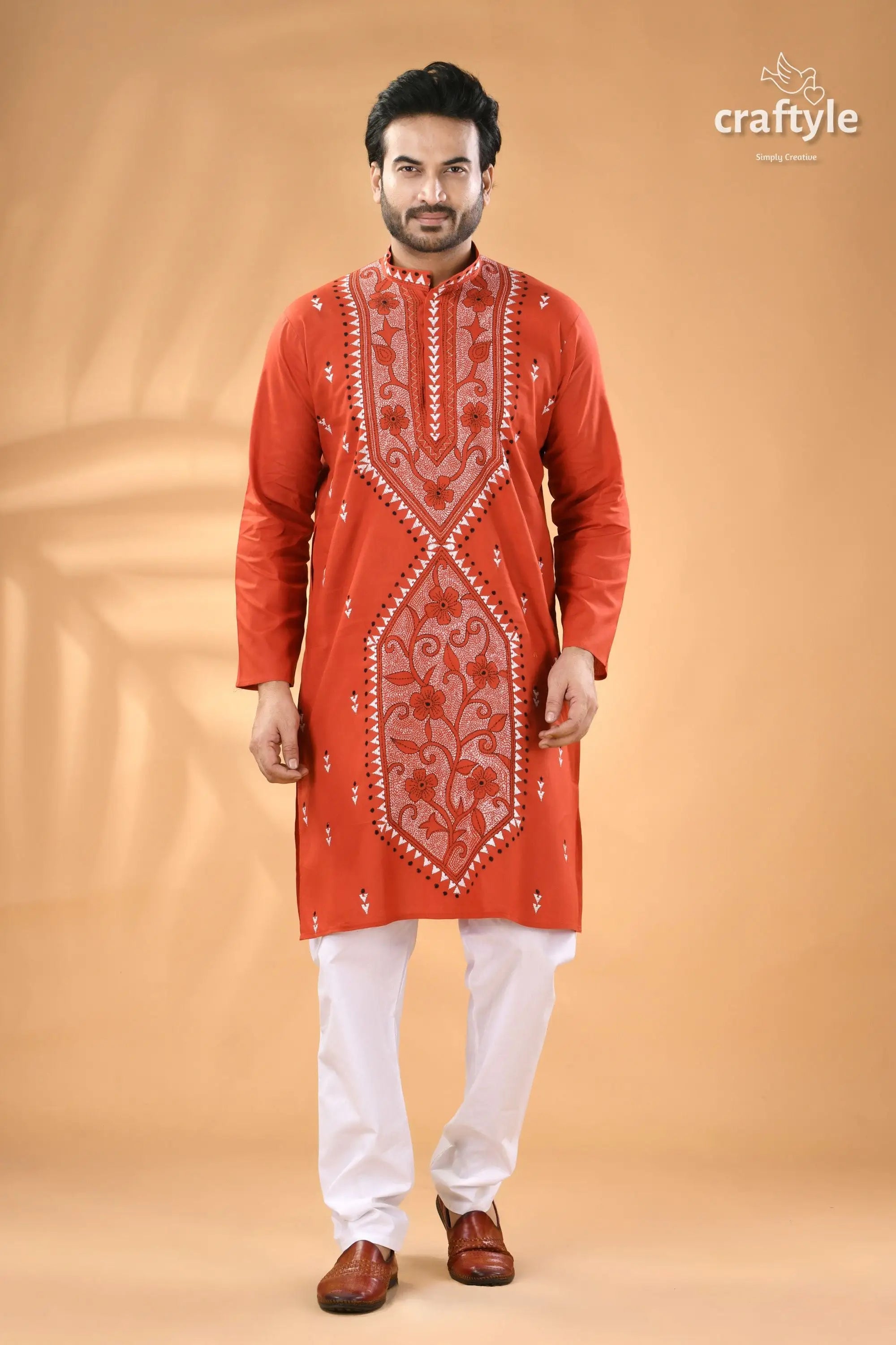 Rusty red hand kantha stitch cotton kurta for men men’s embroidered orange kurta white 1