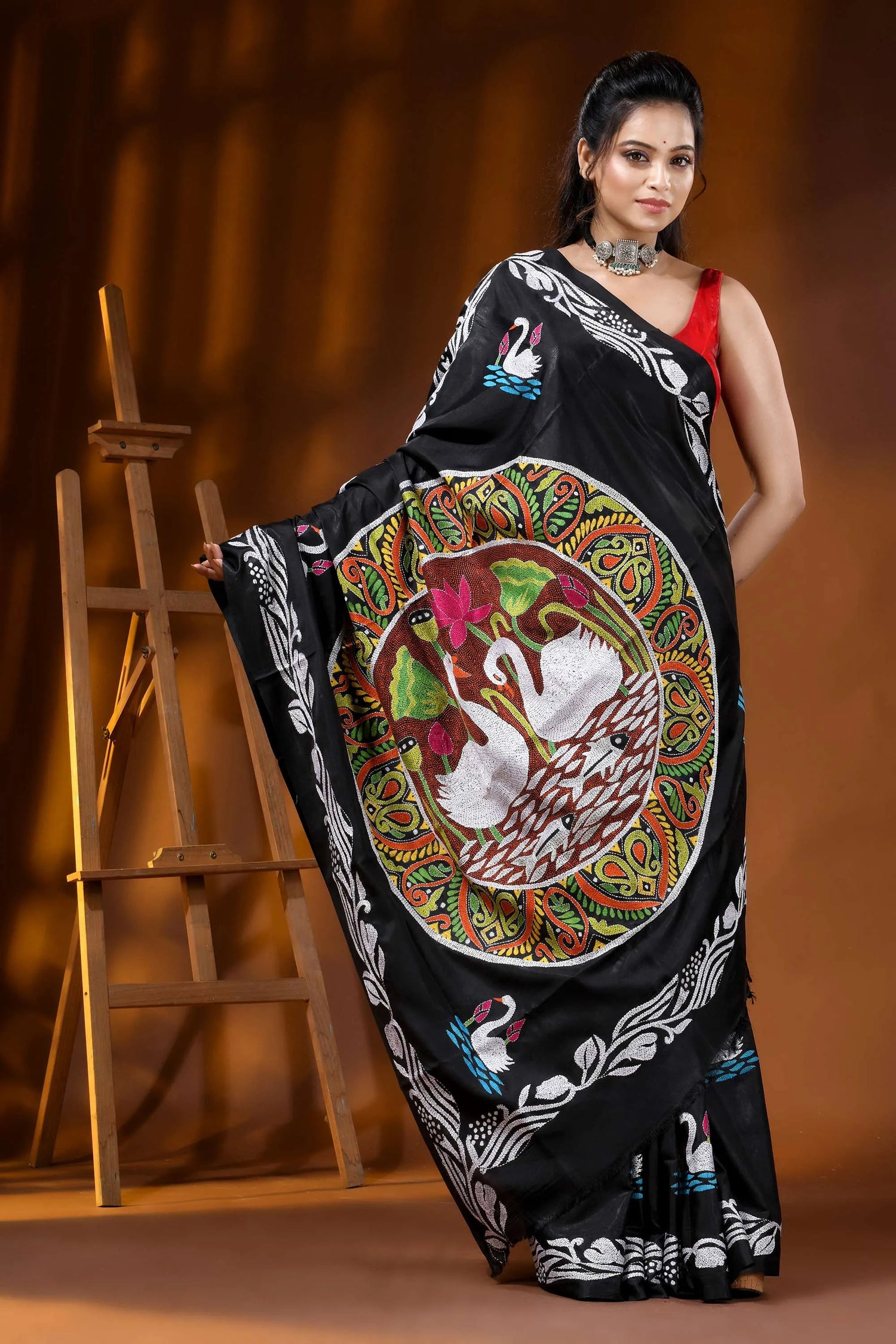 Sable black artisanal swan motif hand embroidered silk kantha saree 4