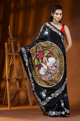 Sable black artisanal swan motif hand embroidered silk kantha saree 4