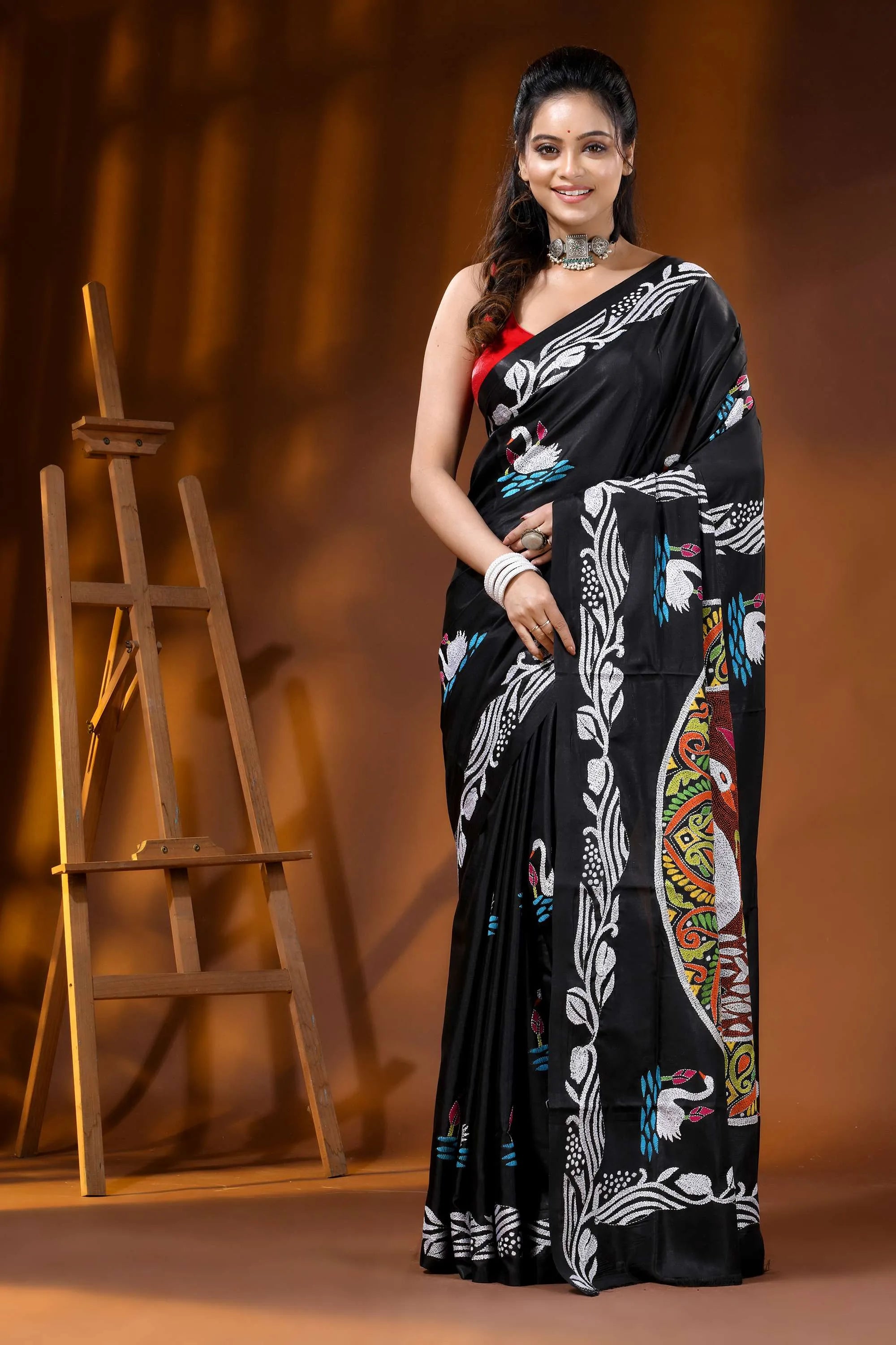 Sable black artisanal swan motif hand embroidered silk kantha saree 6