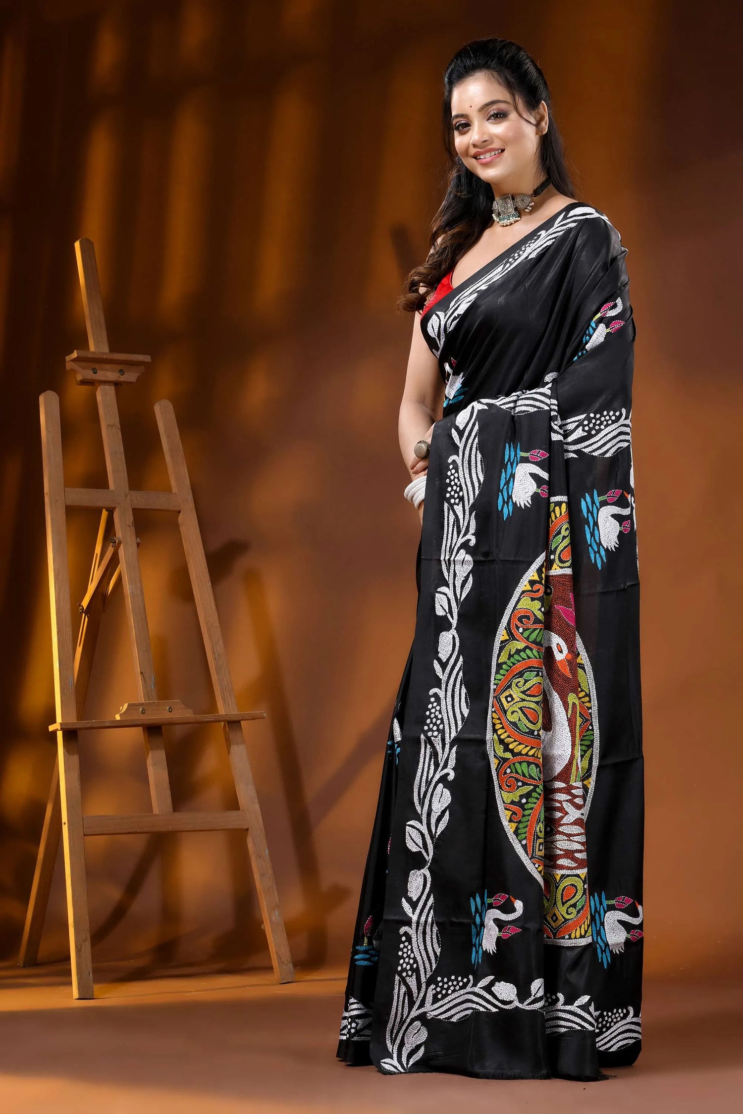 Sable black artisanal swan motif hand embroidered silk kantha saree 3