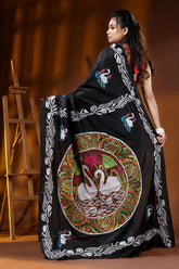 Sable black artisanal swan motif hand embroidered silk kantha saree 5