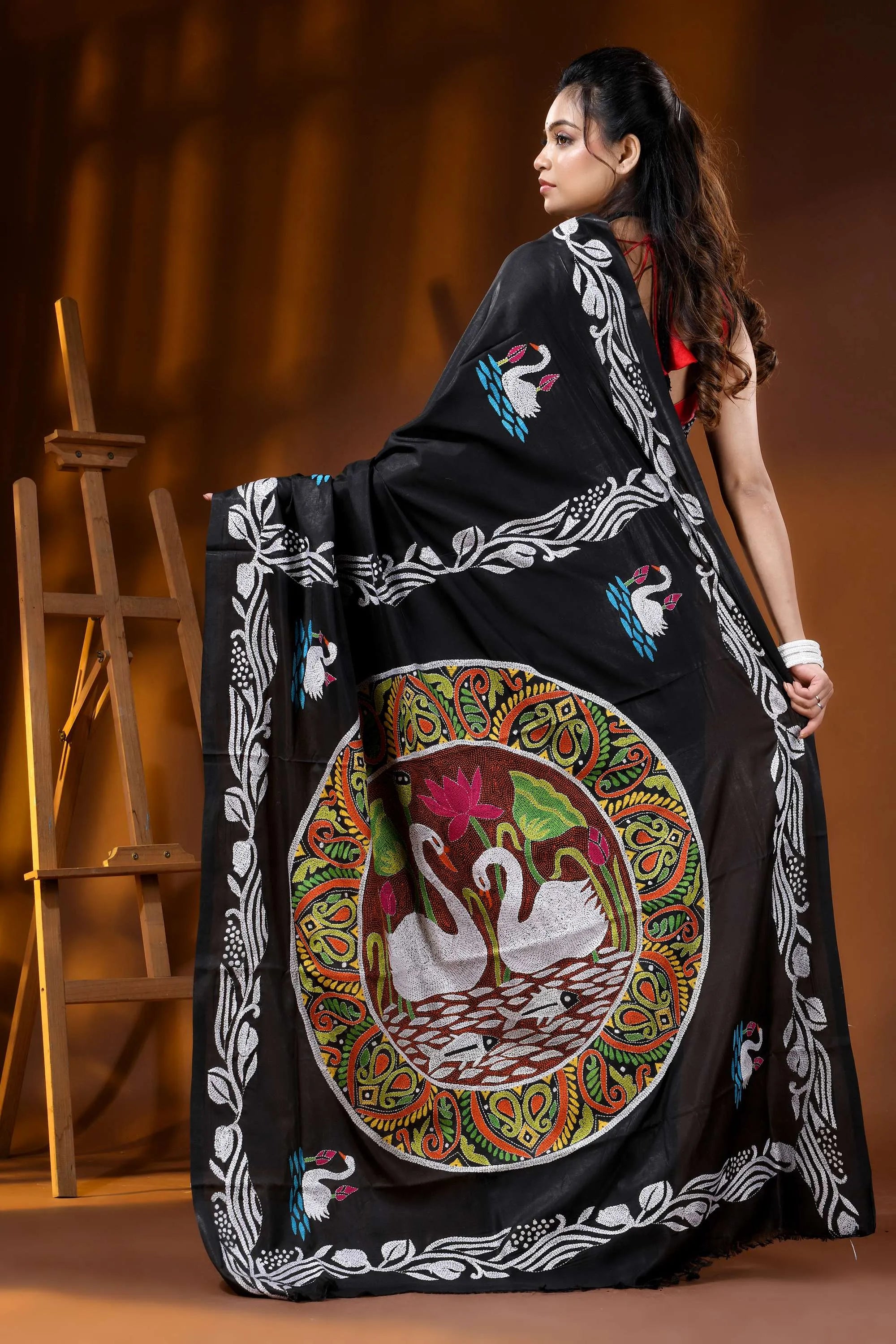 Sable black artisanal swan motif hand embroidered silk kantha saree 5