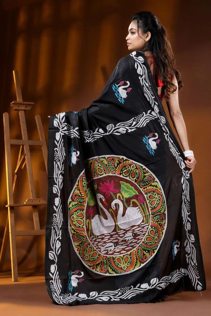 Sable black artisanal swan motif hand embroidered silk kantha saree 5