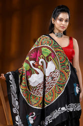 Sable black artisanal swan motif hand embroidered silk kantha saree 2