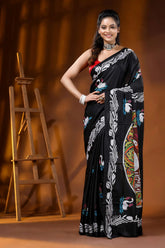 Sable black artisanal swan motif hand embroidered silk kantha saree 1