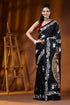 Sable black artisanal swan motif hand embroidered silk kantha saree 1