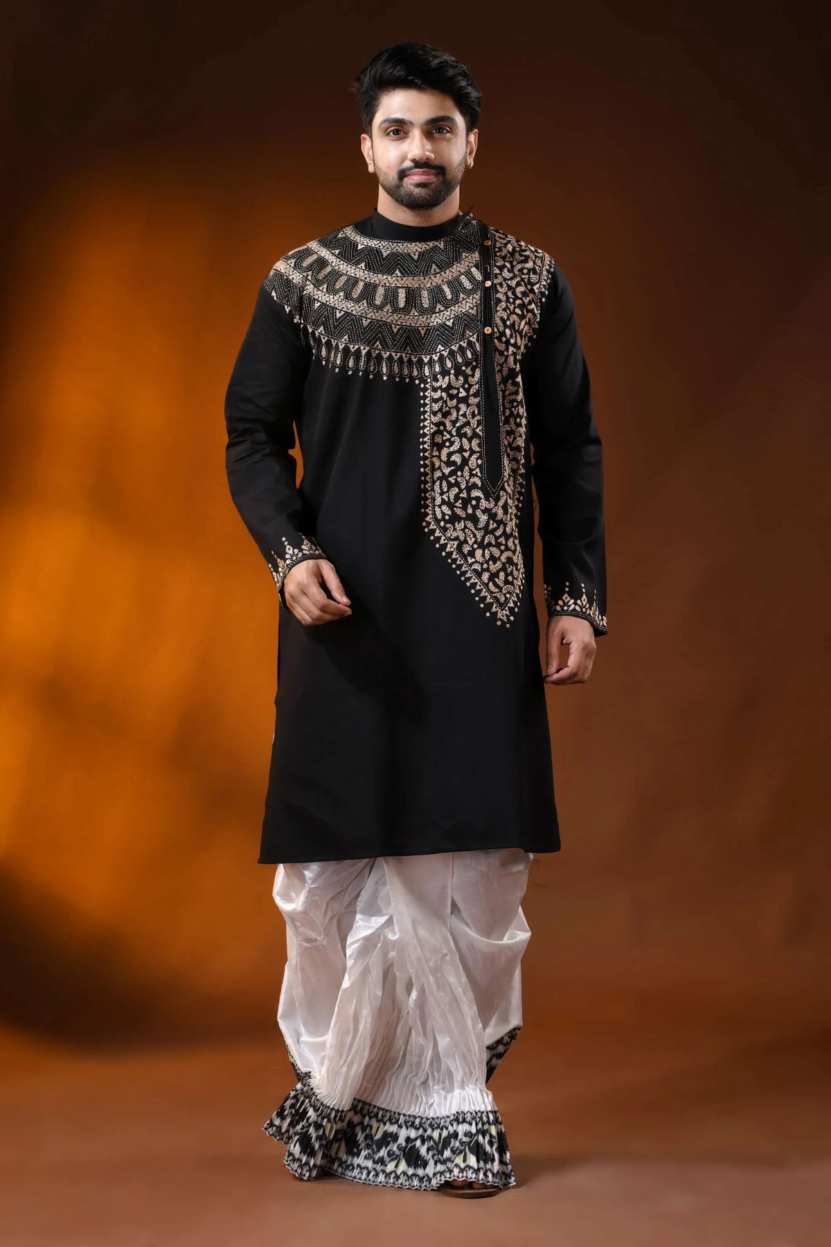 Sable black cotton kantha stitch kurta for men with beige hand embroidery 1