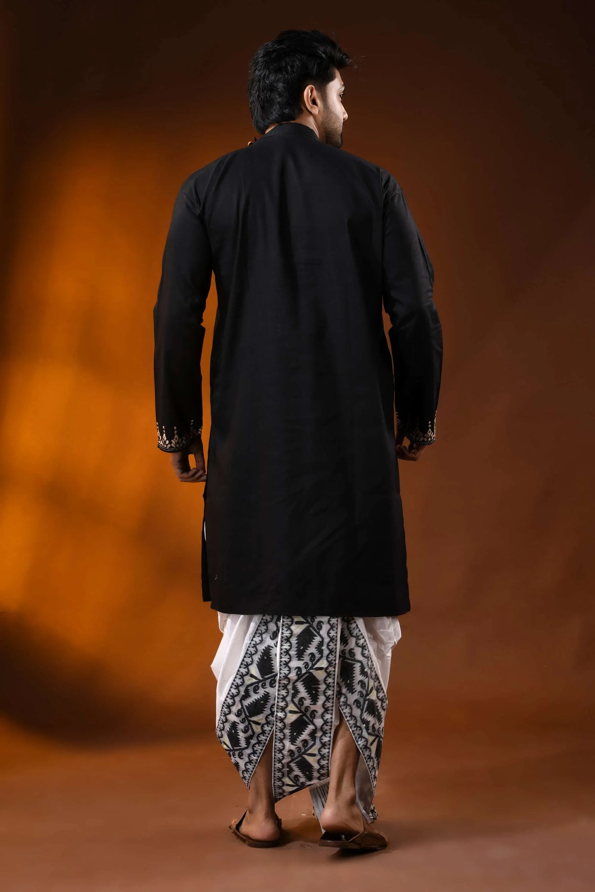 Sable black cotton kantha stitch kurta for men with beige hand embroidery 5