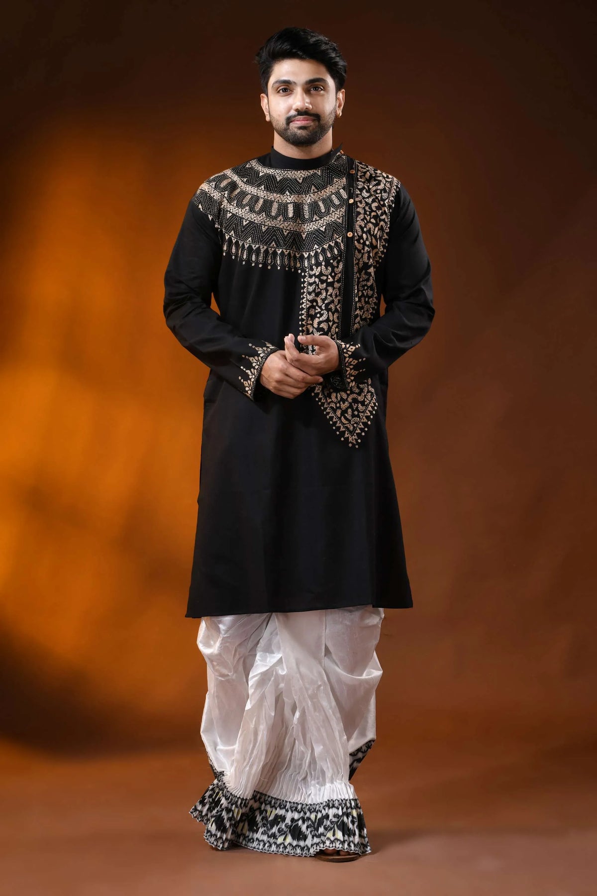 Sable black cotton kantha stitch kurta for men with beige hand embroidery 6