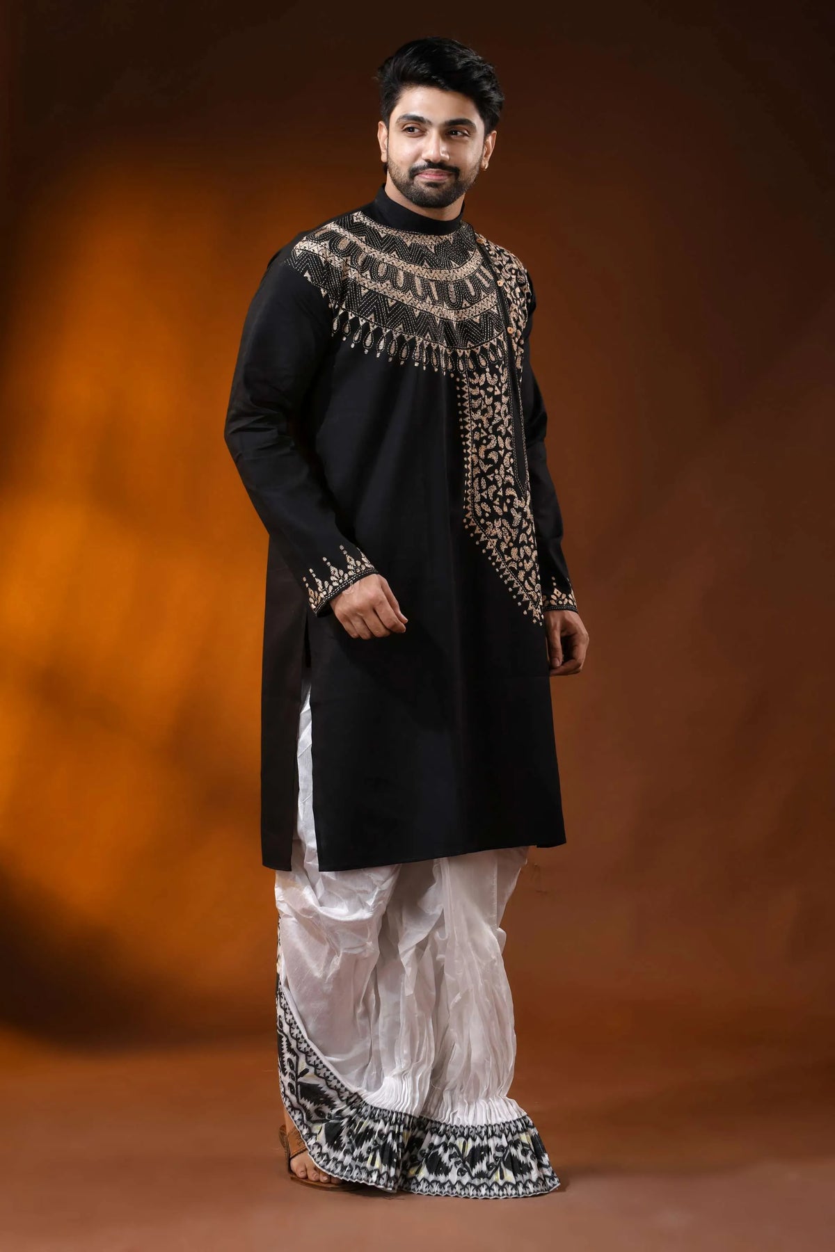 Sable black cotton kantha stitch kurta for men with beige hand embroidery 4