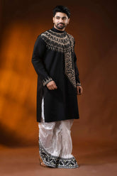Sable black cotton kantha stitch kurta for men with beige hand embroidery 4