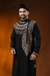 Sable black cotton kantha stitch kurta for men with beige hand embroidery 2