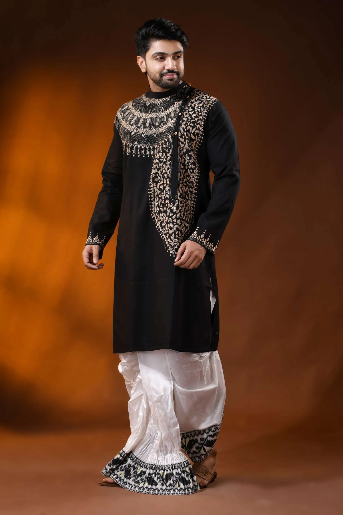 Sable black cotton kantha stitch kurta for men with beige hand embroidery 3