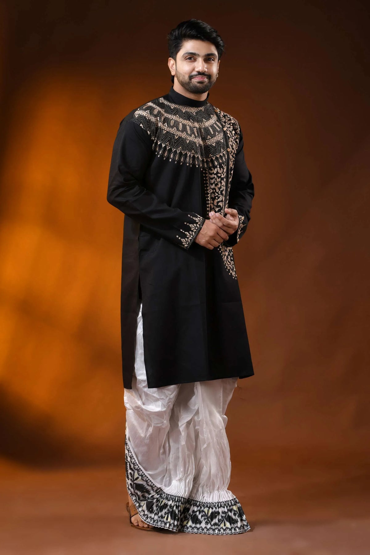 Sable black cotton kantha stitch kurta for men with beige hand embroidery 7