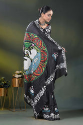 Sable black kantha saree in silk with swan and lotus nature motif 4
