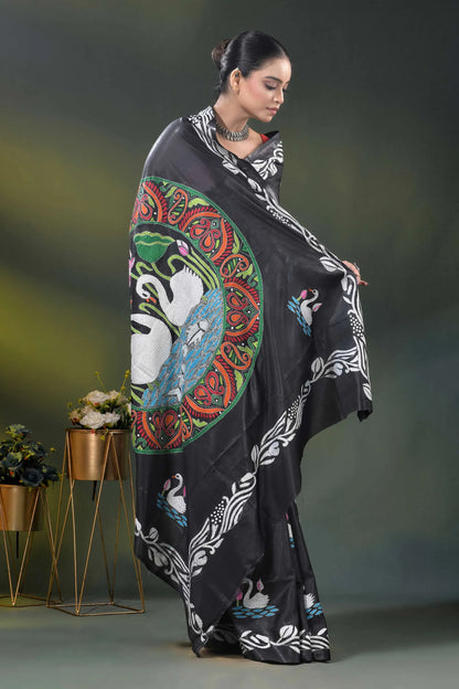 Sable black kantha saree in silk with swan and lotus nature motif 4