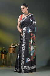 Sable black kantha saree in silk with swan and lotus nature motif 3