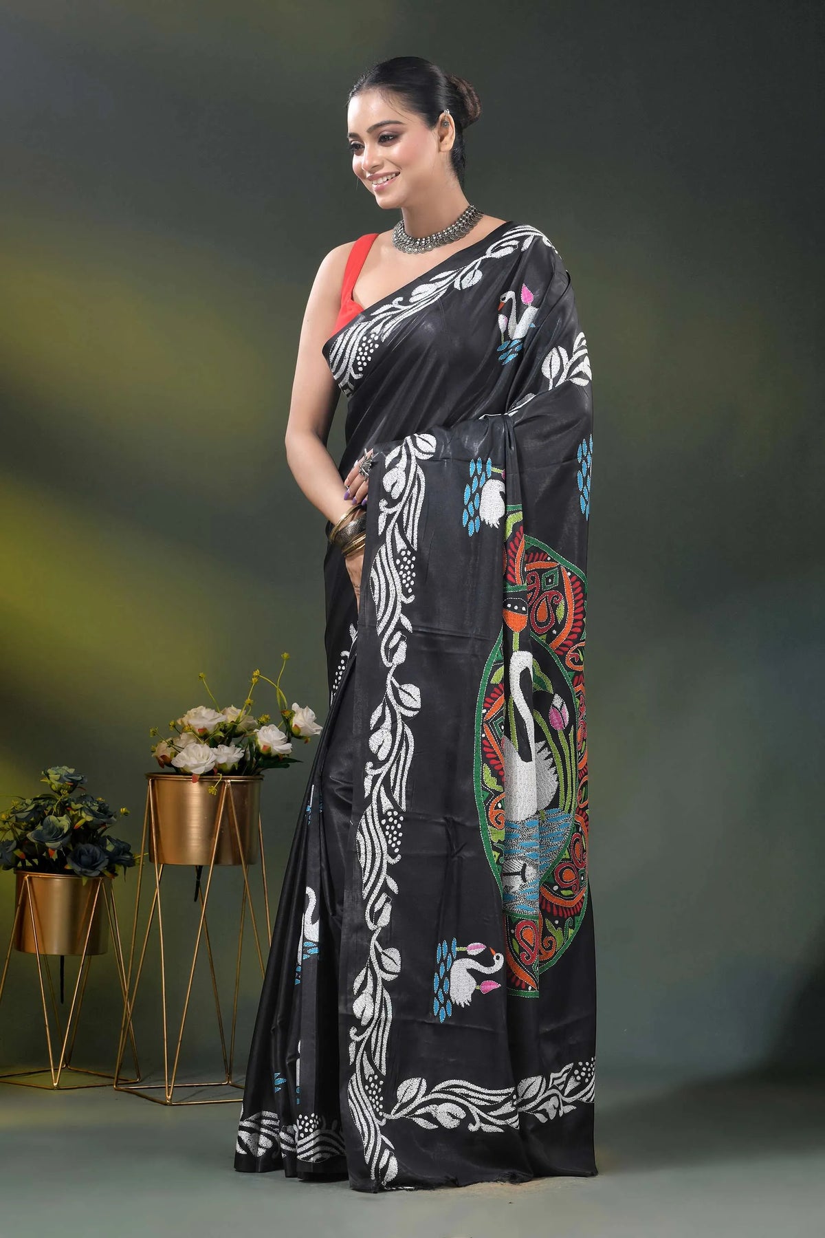 Sable black kantha saree in silk with swan and lotus nature motif 3