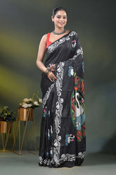 Sable black kantha saree in silk with swan and lotus nature motif 1