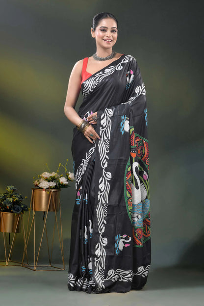 Sable black kantha saree in silk with swan and lotus nature motif 1