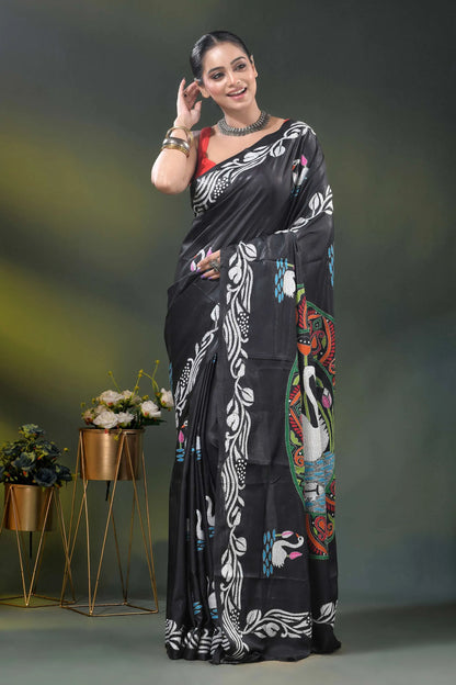 Sable black kantha saree in silk with swan and lotus nature motif 6