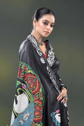 Sable black kantha saree in silk with swan and lotus nature motif 2