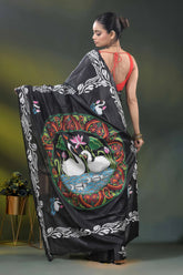 Sable black kantha saree in silk with swan and lotus nature motif 5